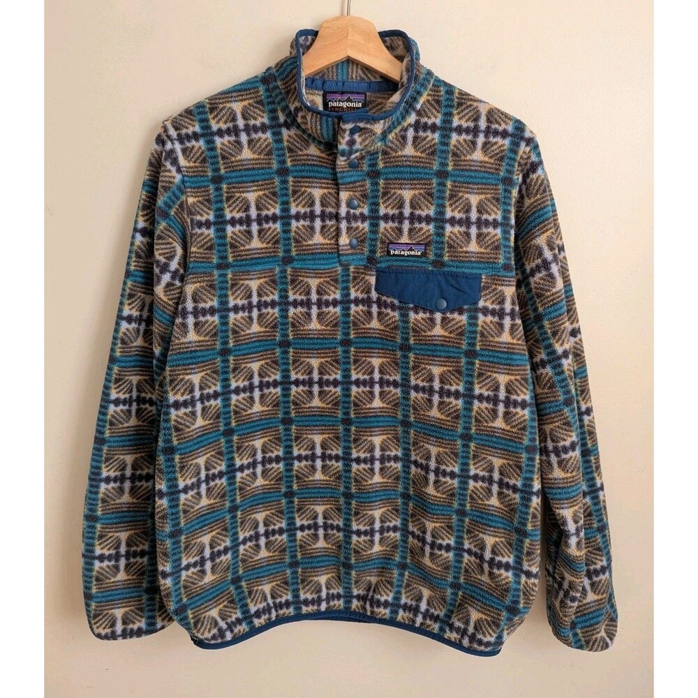 Patagonia Synchilla Snap T Womens M Pullover Fleece Turquoise Blue Print *Read*